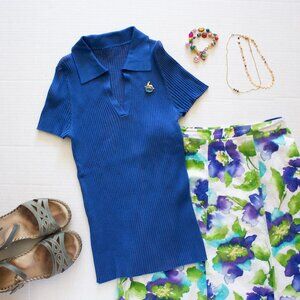 SGW - Royal Blue Polo Collar Short Sleeve Sleeve Knitwear Sweater - Womens S